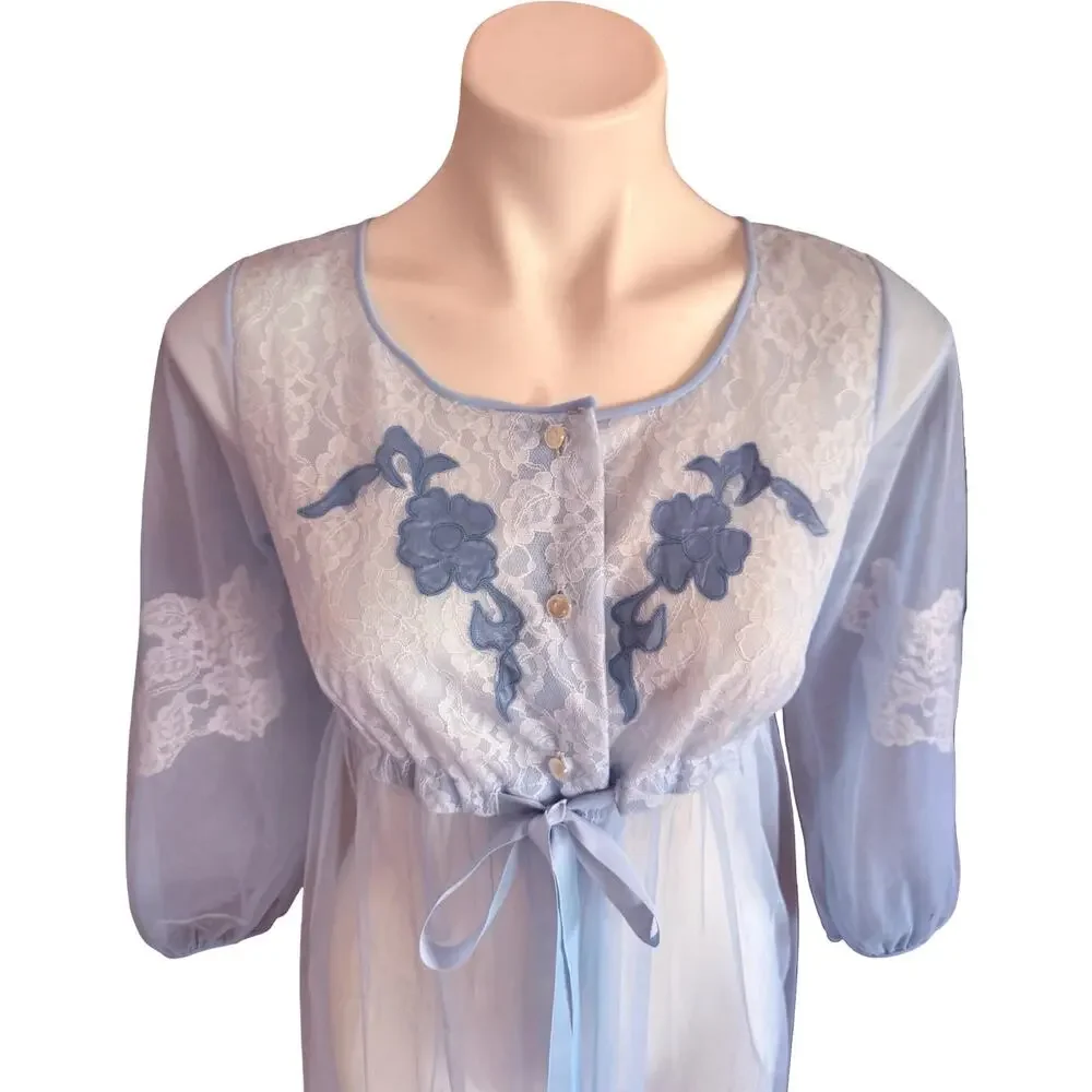 Movie Star Vintage 1970s Sheer Peignoir Robe Baby Blue Lace Floral Appliqué Sz S